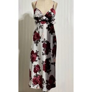 Pear Culture Floral Slip Dress Womens L Silver Burgundy Satin Ruffle Whimsigoth